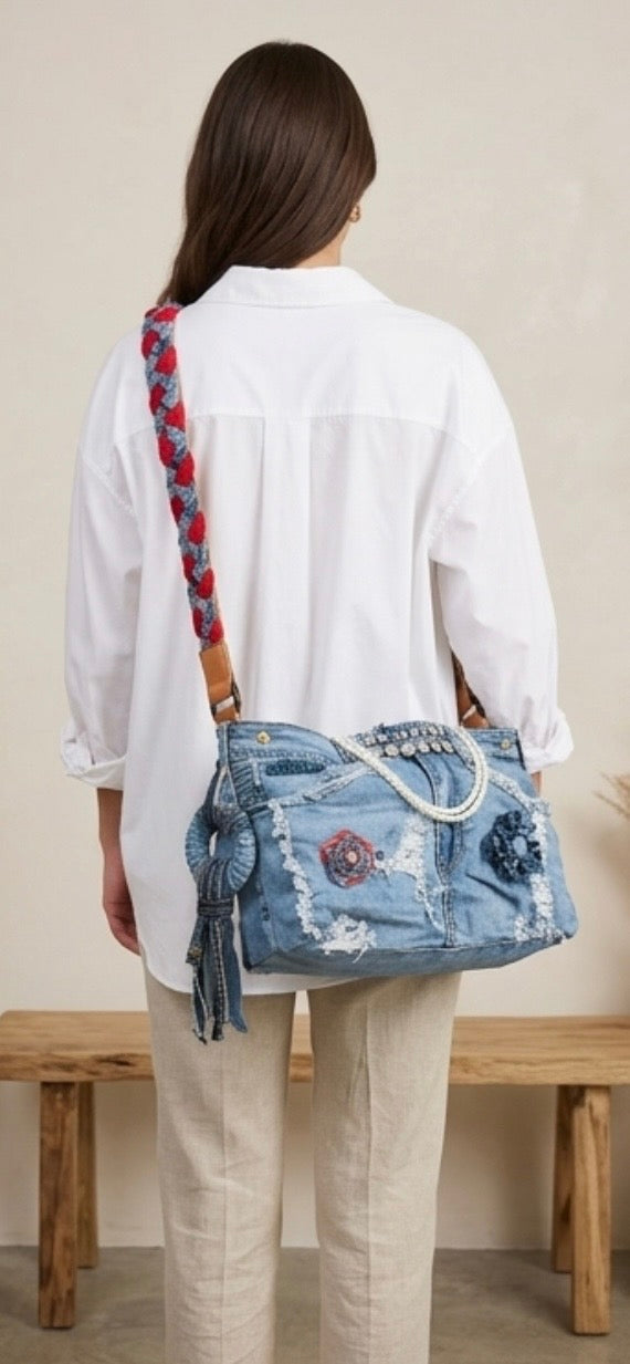 The Classic Pearl &amp; Rhinestone Upcycled Denim Tote